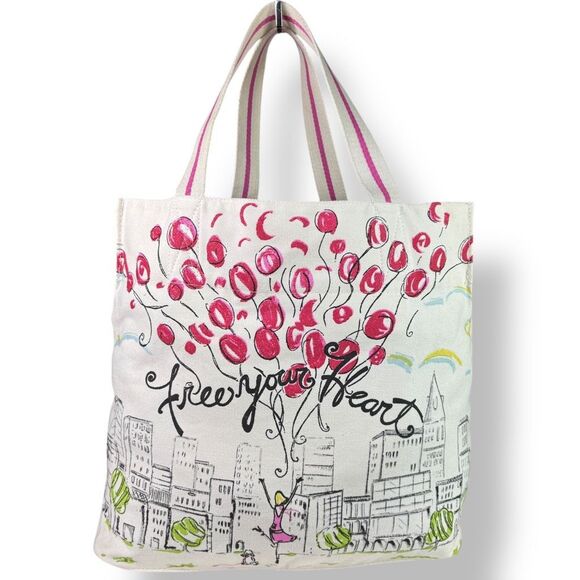 Brighton Handbags - Brighton Free Your Heart B Mine White Cotton Canvas Tote Bag Balloons Red Love